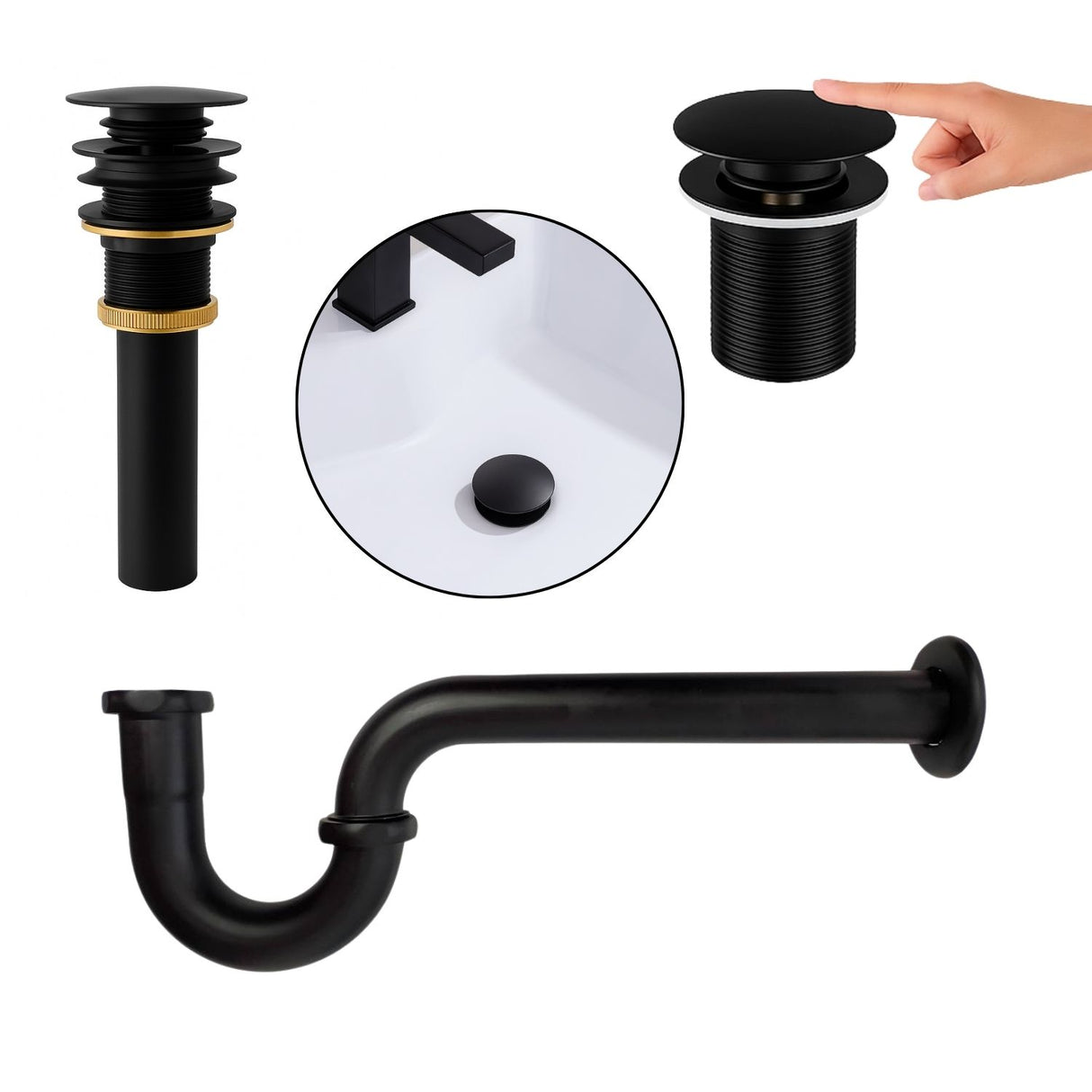 Kit Lavamanos Sifon Desague Push Negro Mate Metálico Moderno