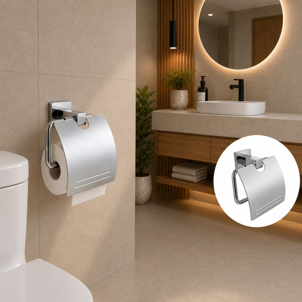 Portarrollos para Baño con Tapa Base Cuadrada Cromado