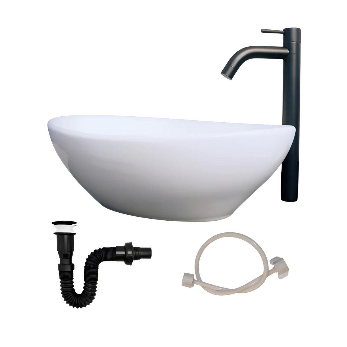 Kit Lavamanos Canoa Blanco 40,5 × 31 cm + Grifería Alta Negra + Desagüe Push y Acoflex