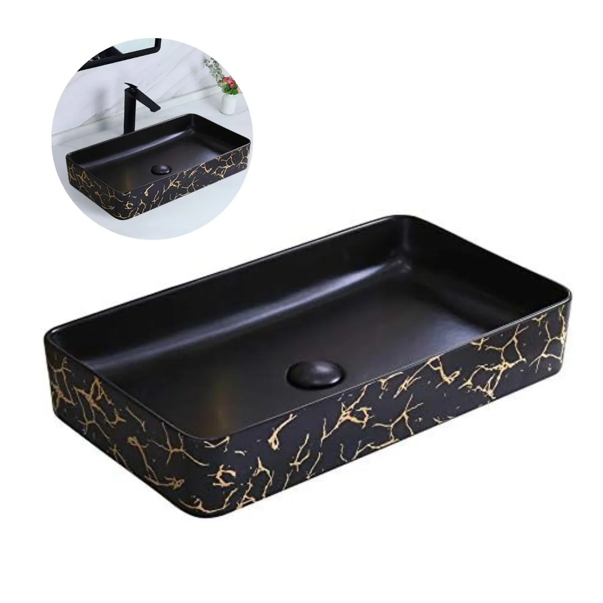 Lavamanos Sobreponer Thunder Negro Mate con Vetado Dorado - 41x31x12 cm - Diseño Rectangular Moderno