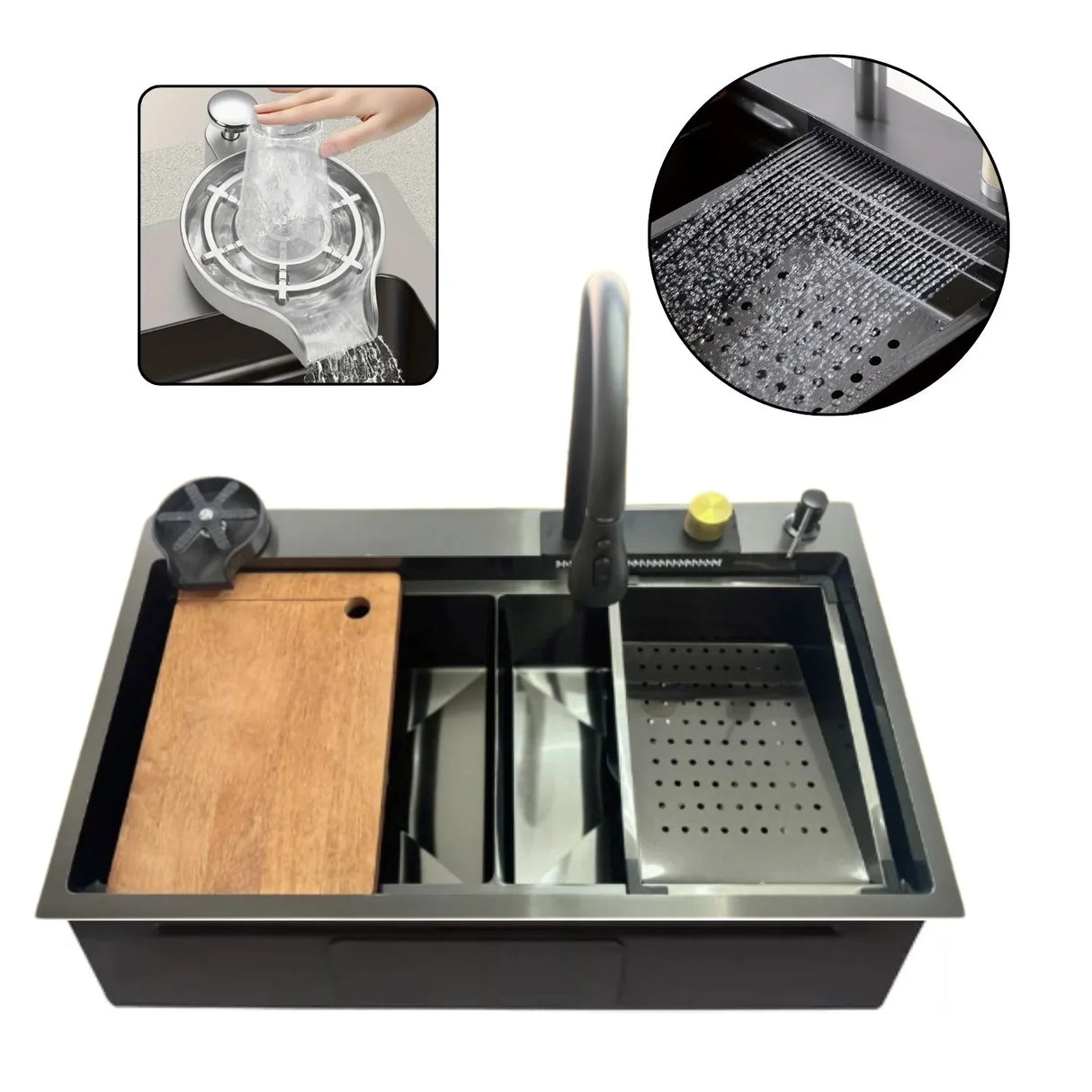 Lavaplatos Inteligente Lujo Doble Poceta Negro - 85x48 cm en Acero Inoxidable 304