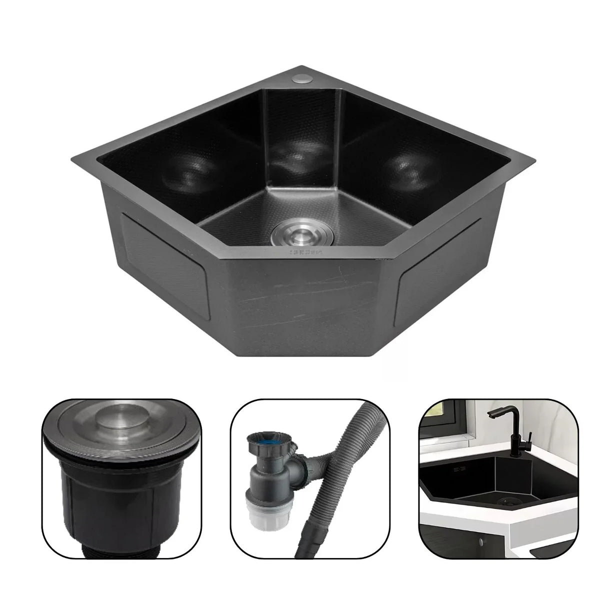 Lavaplatos de Lujo Esquinero Negro en Acero SUS304 - 50x50 cm