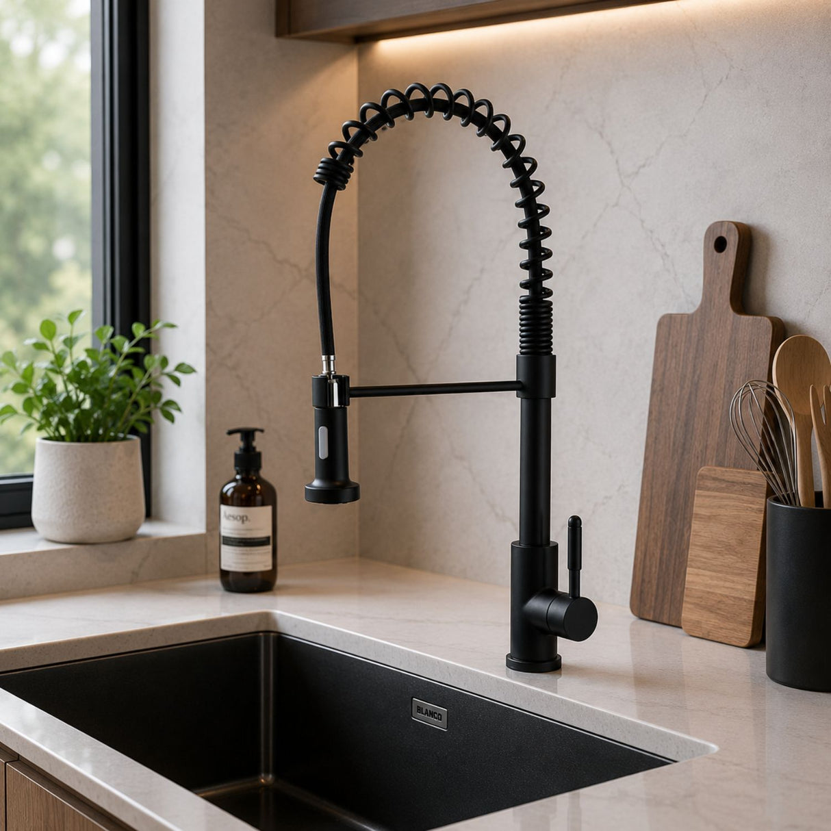 Grifería Lavaplatos Cisne Industrial Negra Extraíble | Monocontrol Flexible para Cocina