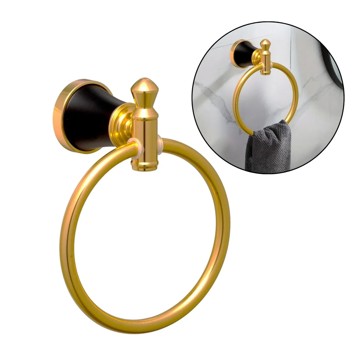 Toallero de Manos Tipo Aro Negro/Dorado, Línea Diamante, Aluminio Inoxidable