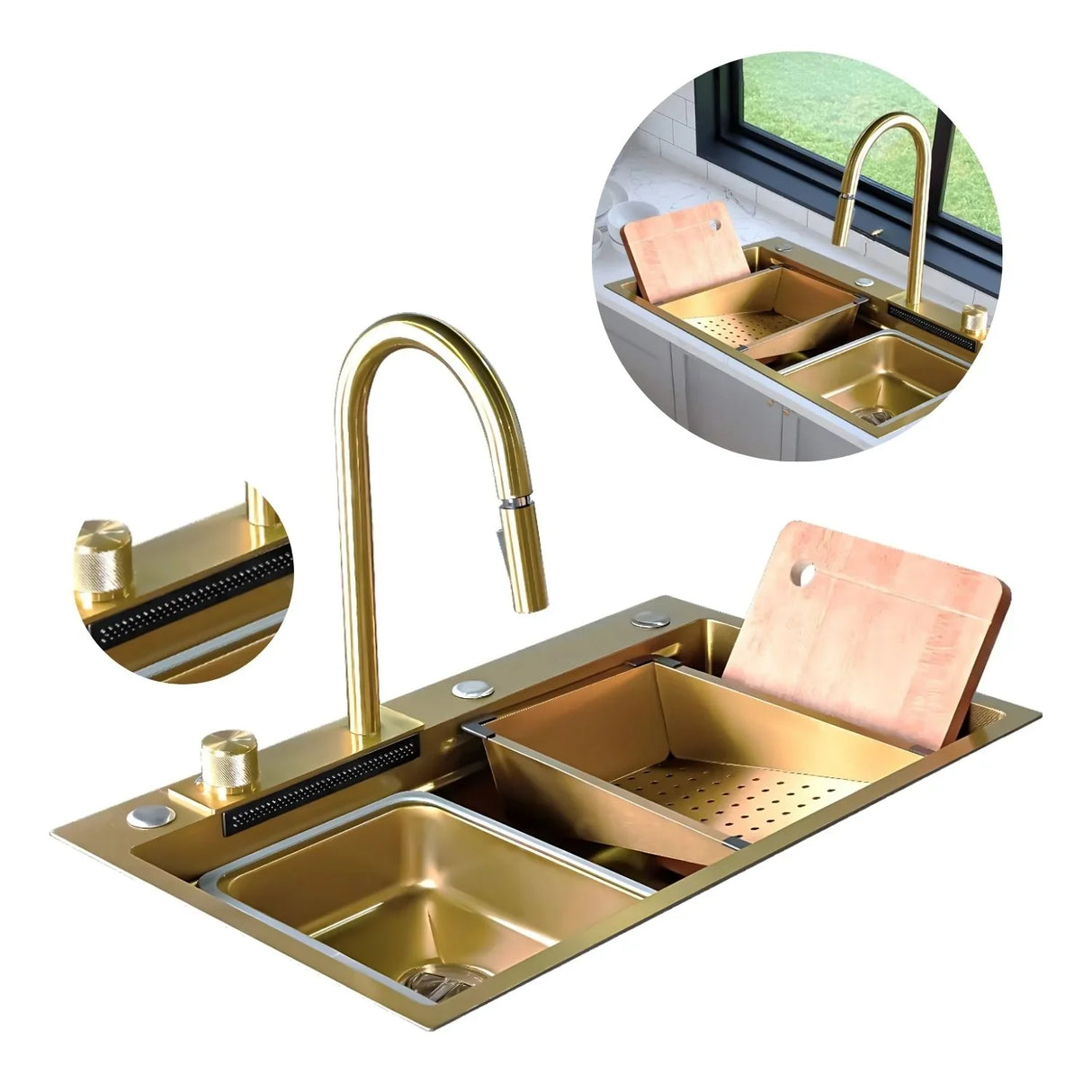 Lavaplatos Oro Golden con Grifería y Accesorios - Acero SUS304 - 75x46 cm