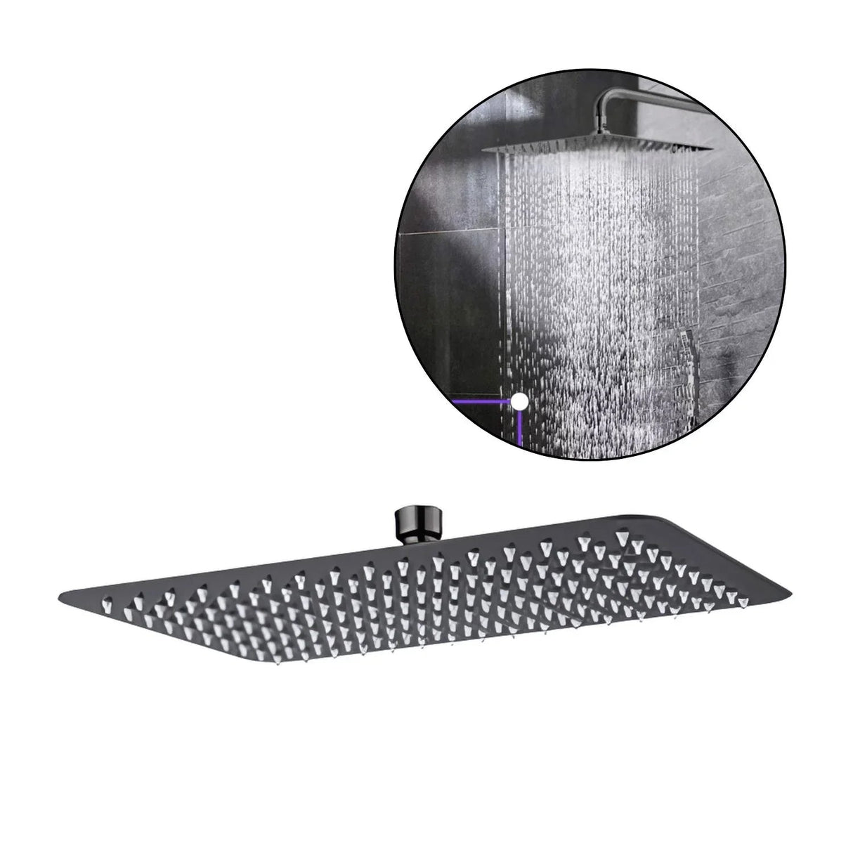 Regadera rectangular Kassel gunmetal sobre fondo blanco