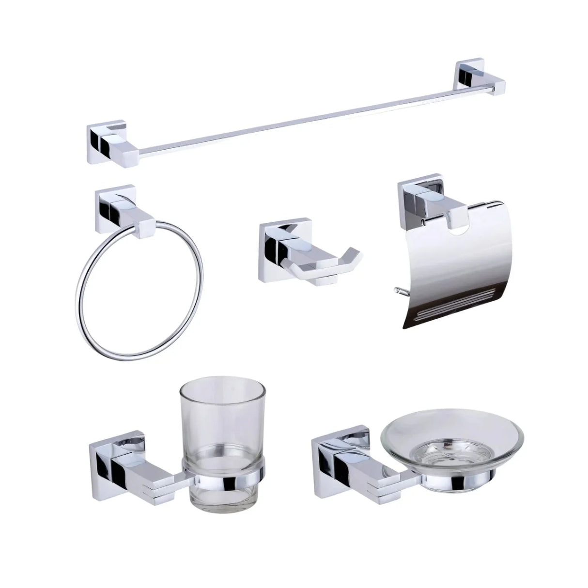 Set De Accesorios Para Baño De 6 Piezas Línea Quadratocromo De Alto Brillo – Aleación De Zinc Y Acero Inoxidable
