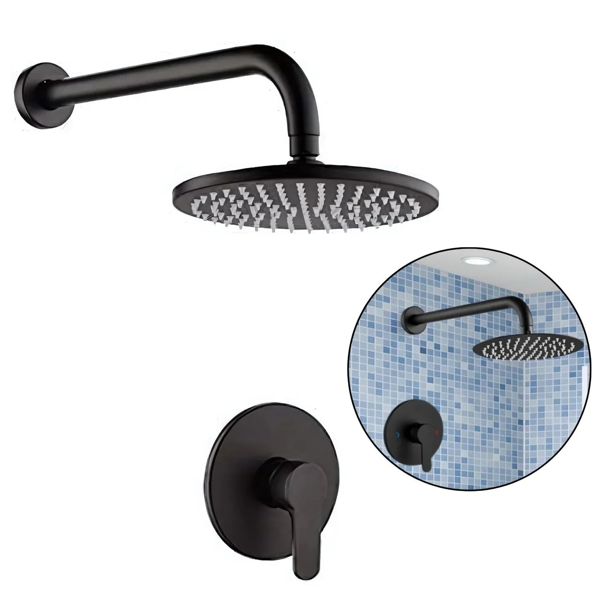 Set Conjunto Ducha Monocontrol Negro Metálico Redonda con Regadera 20 cm y Tubo