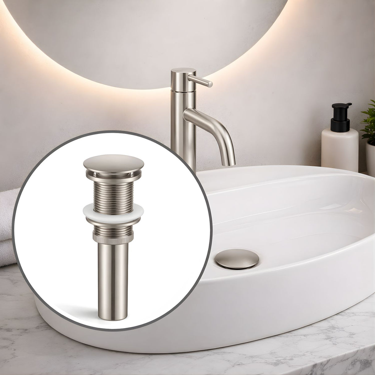 Desagüe Push para Lavamanos Satin 7,8 cm de alto y 6,6 cm de ancho