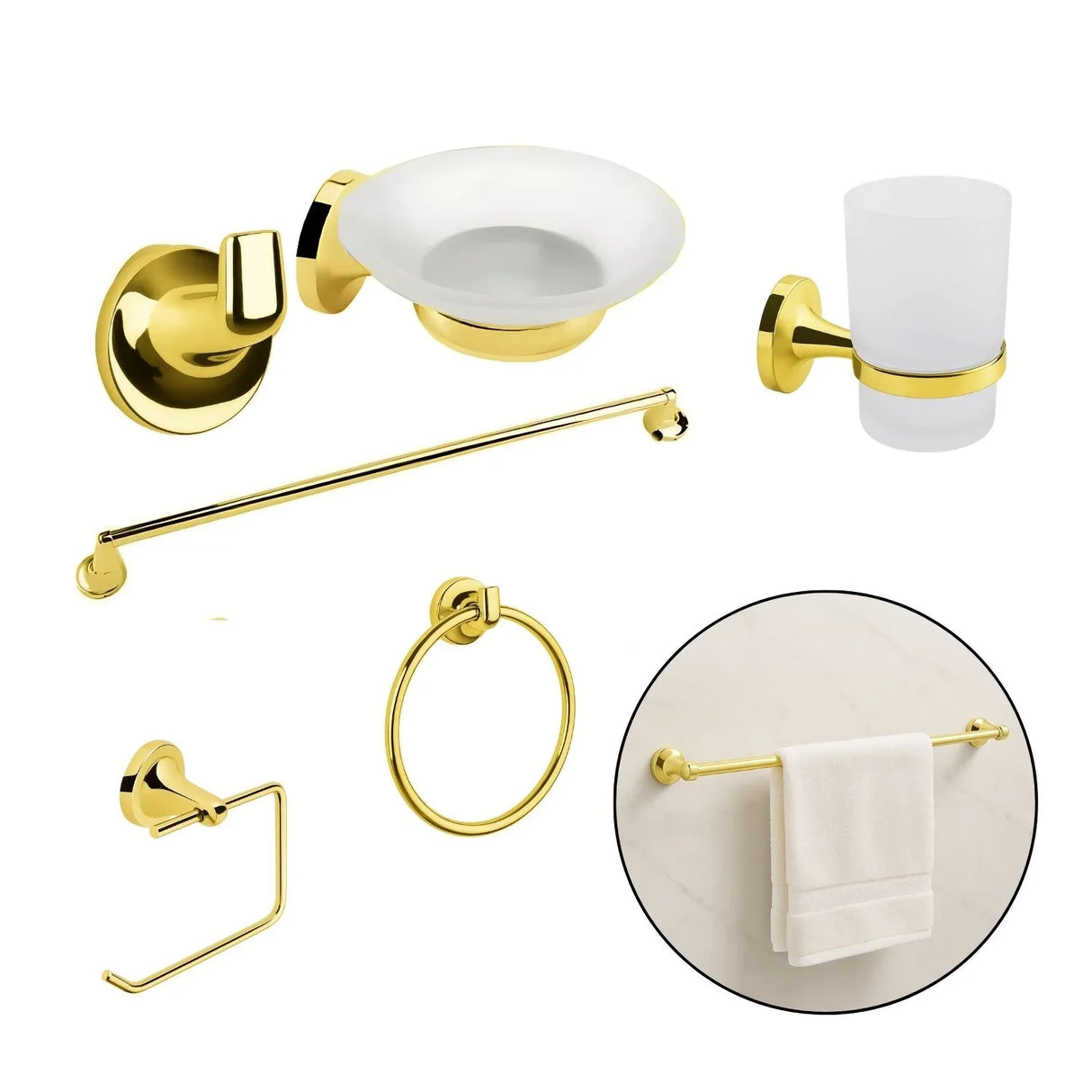 Set Accesorios Baño Metálico Dorado 6 Piezas Instalación Pared