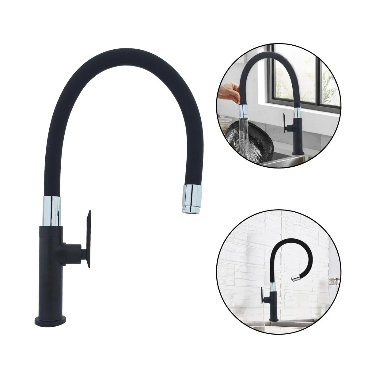 Llave Lavaplatos de Agua Fría con Cuello Flexible Dirigible - Negro Mate y Cromo