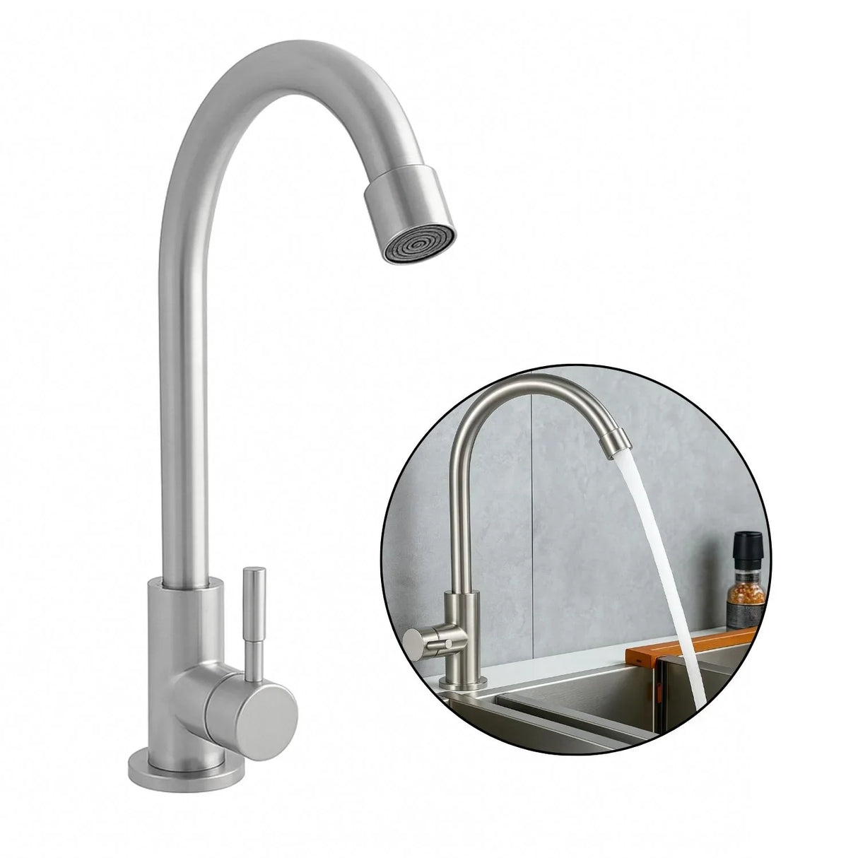 Grifería Cuello Cisne Individual Agua Fría en Acero Inoxidable Lavaplatos o Lavamanos