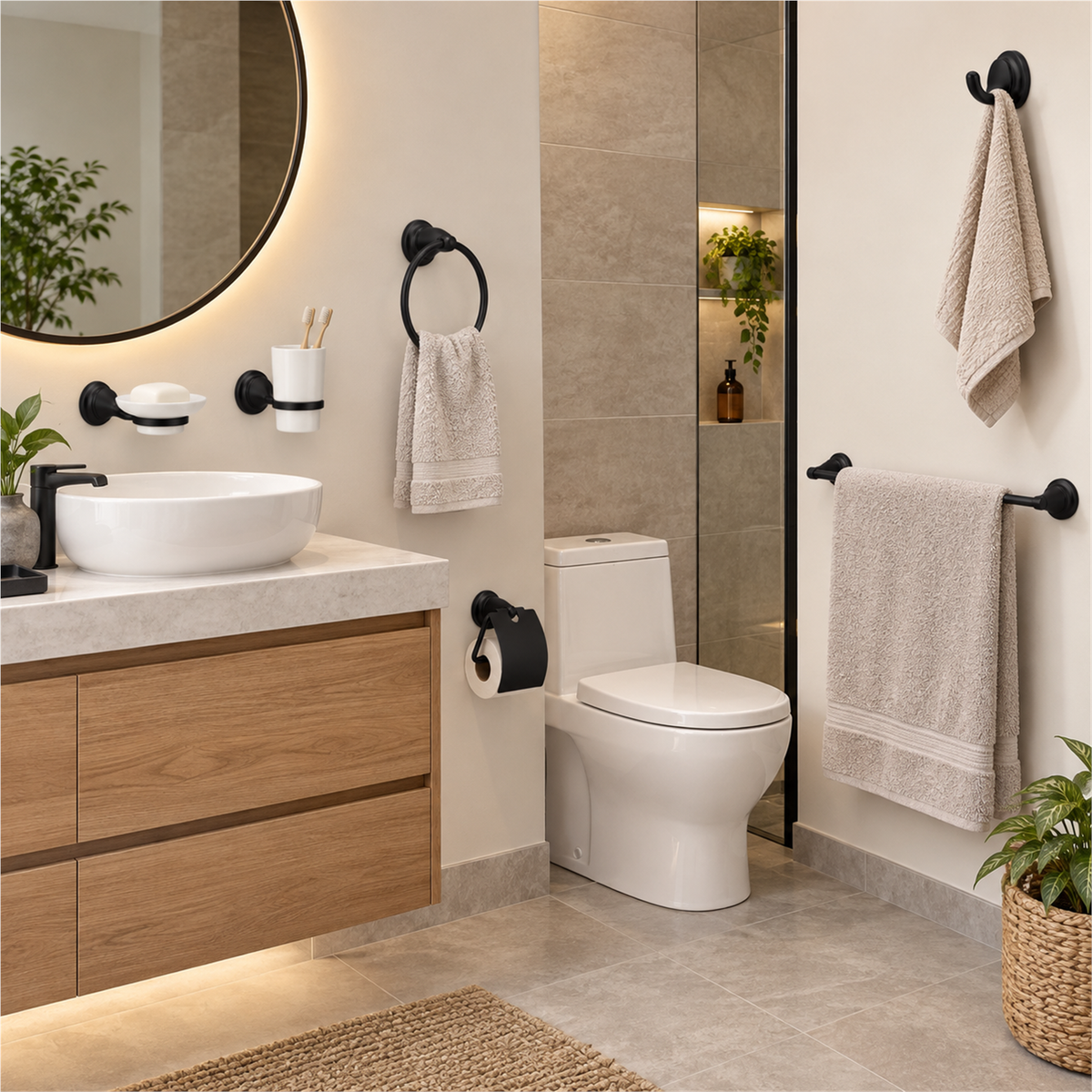 Juego de accesorios para baño negro de 6 piezas instalado y distribuido de forma realista
