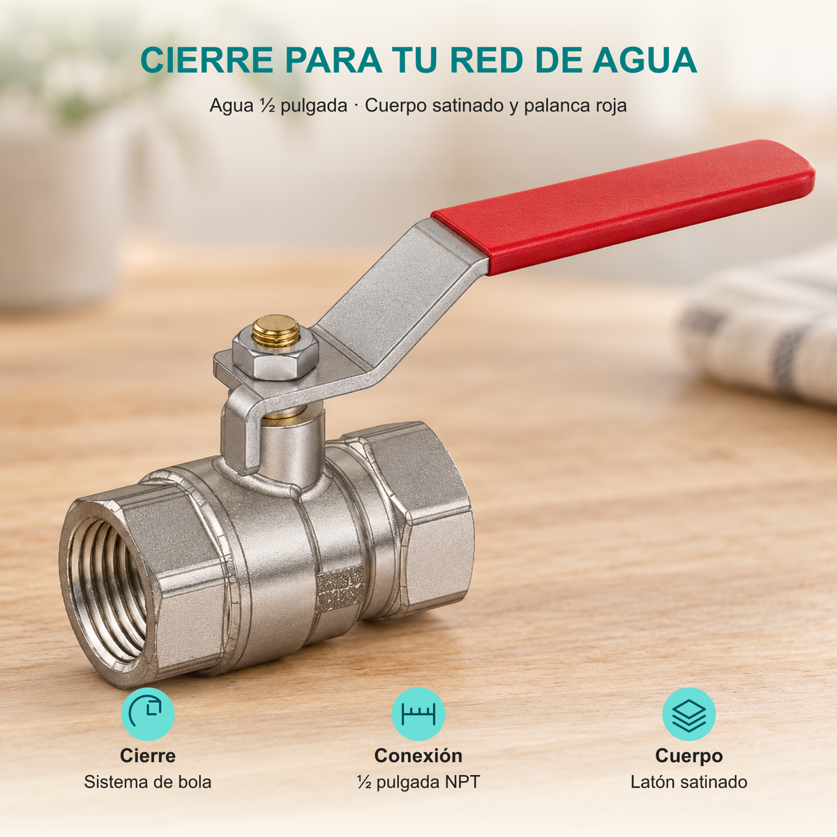 Válvula de bola metálica para agua de media pulgada con palanca roja: Cierre: Sistema de bola; Conexión: ½ pulgada NPT; Cuerpo: Latón satinado.