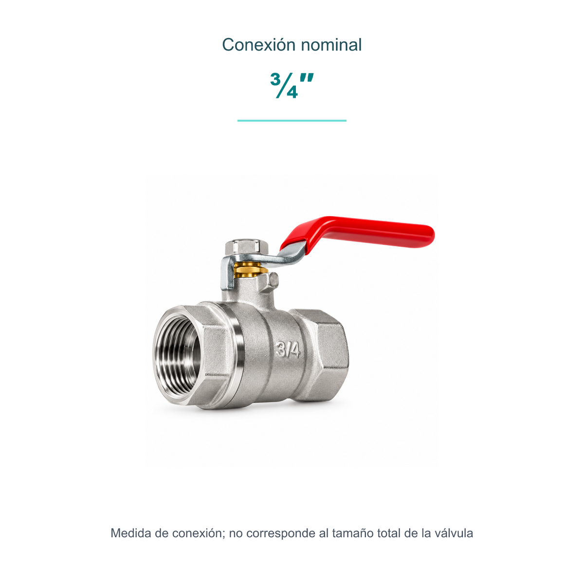 Conexión nominal: ¾″. Medida de conexión; no corresponde al tamaño total de la válvula.