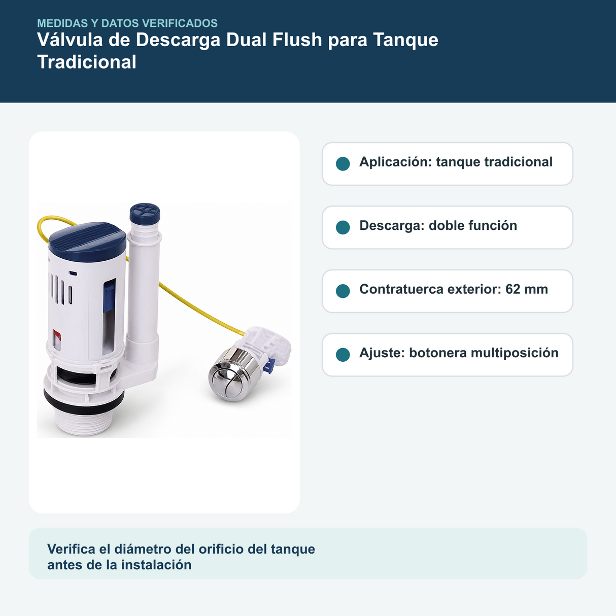 Medidas y datos verificados del válvula de descarga dual flush para tanque tradicional