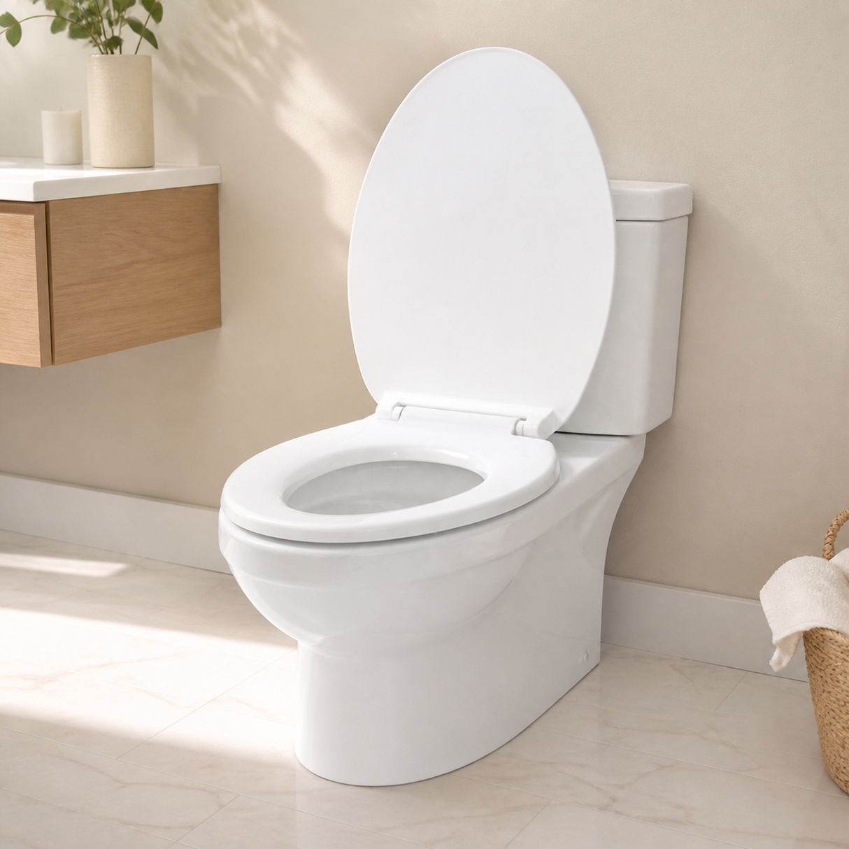 Asiento Sanitario Alargado Blanco con Cierre Suave instalado en un ambiente moderno y bien iluminado