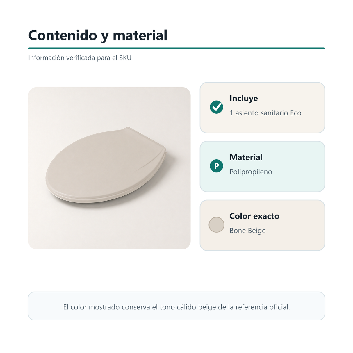 Contenido, material de polipropileno y color Bone Beige del asiento sanitario Eco