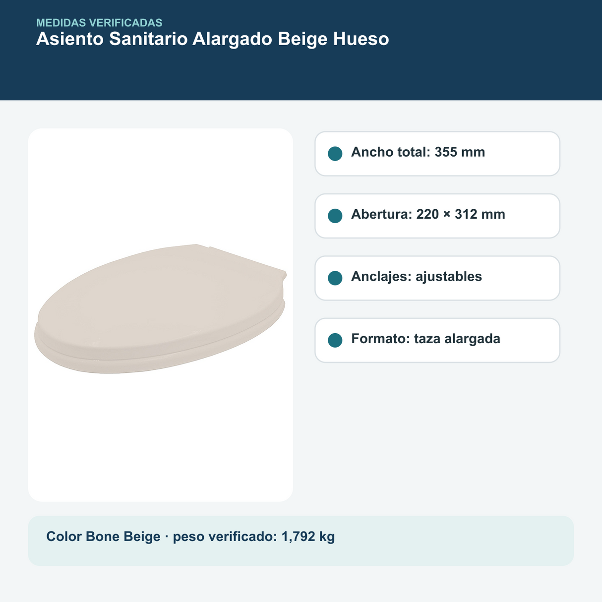 Medidas y datos verificados del asiento sanitario alargado beige hueso