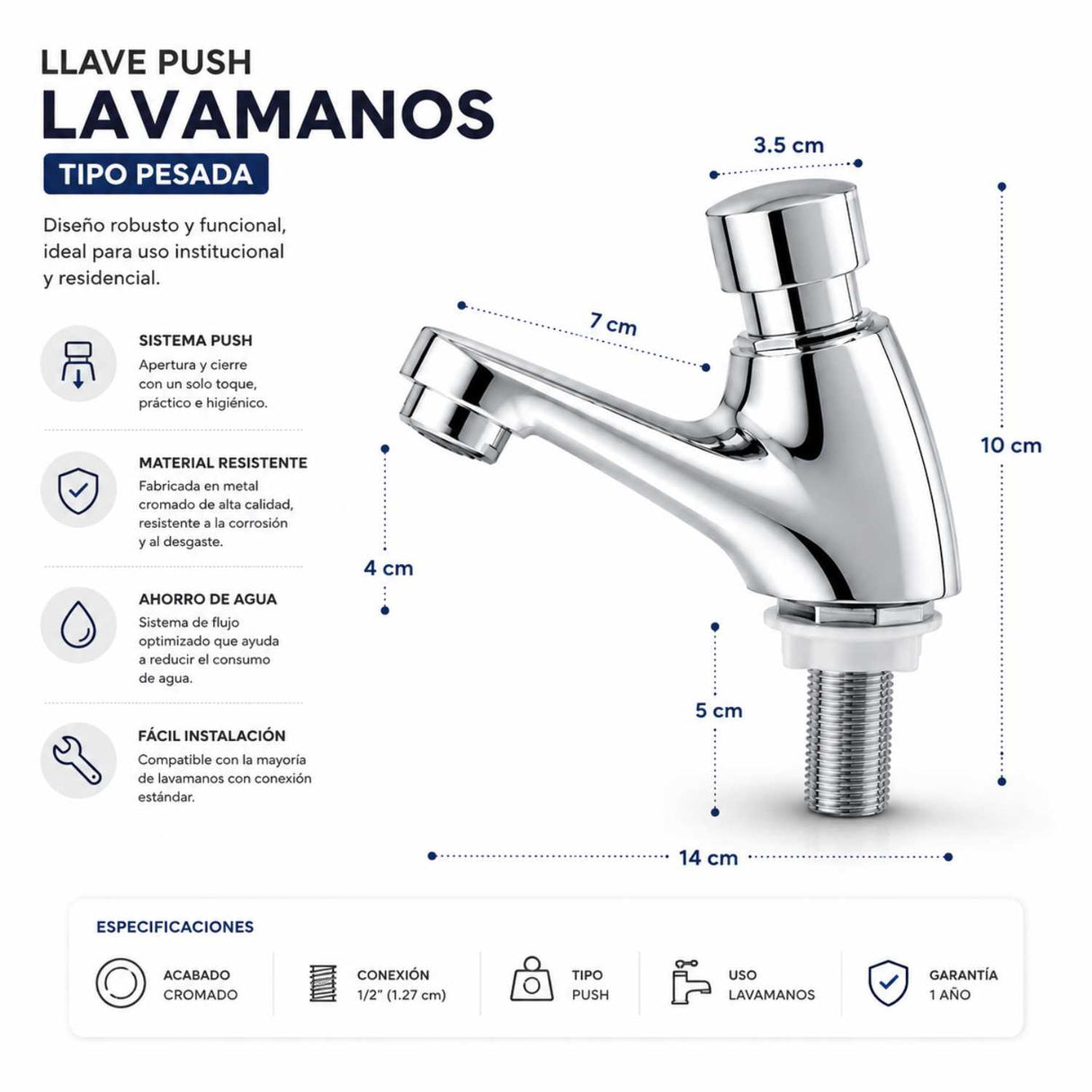 Llave Lavamanos Push Tipo Pesada Cromada 14 cm | Grifería Temporizada con Cierre Automático