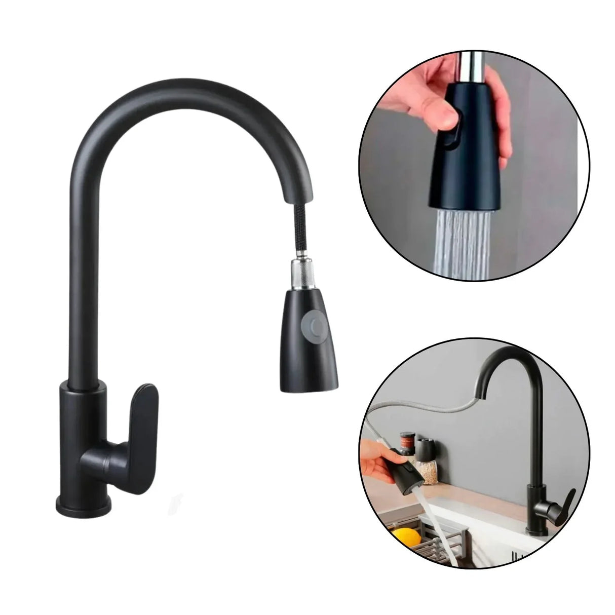 Set de Lujo para Lavaplatos: Canastilla Lujo y Grifería Monocontrol Extraíble en Negro Mate