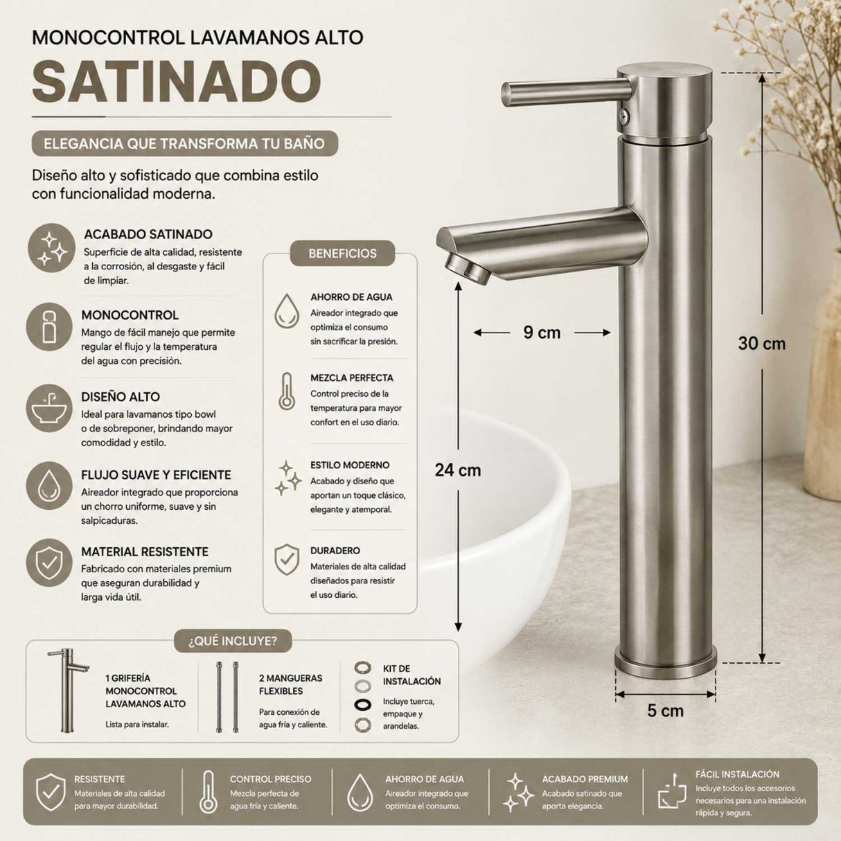 Grifería Lavamanos Alto Cuello Recto Satinado 30 cm Monocontrol para Lavamanos Vessel
