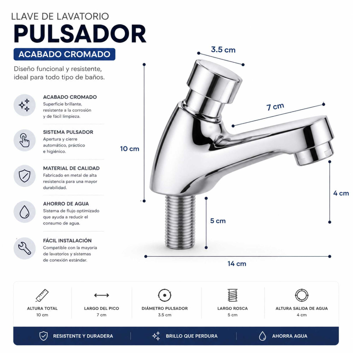 Llave Lavamanos Push Cromada con Cierre Automático | Grifería Temporizada para Baño