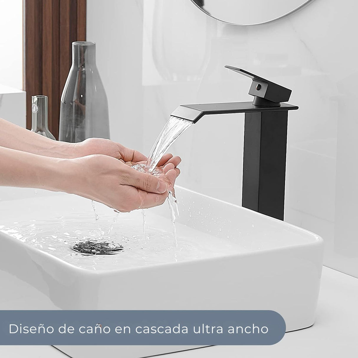 Kit Grifería Lavamanos Alta Cascada Negro Mate con Desagüe Push Negro Mate