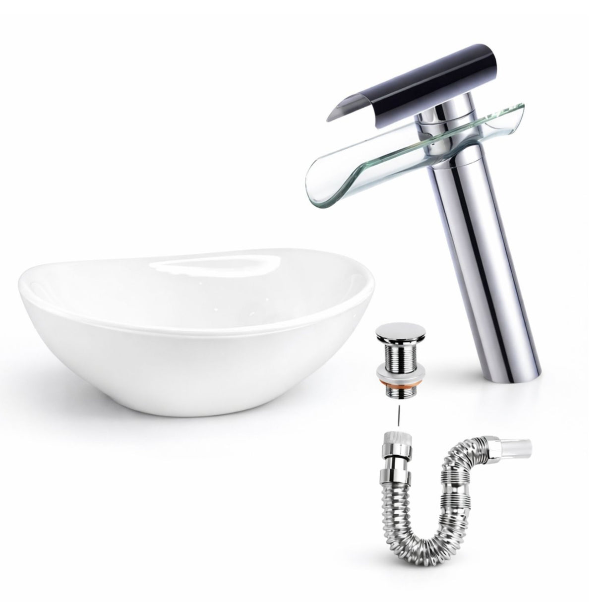 Kit Completo Lavamanos Blanco Canoa + Grifería Cascada Transparente + Sifón Flexible + Push