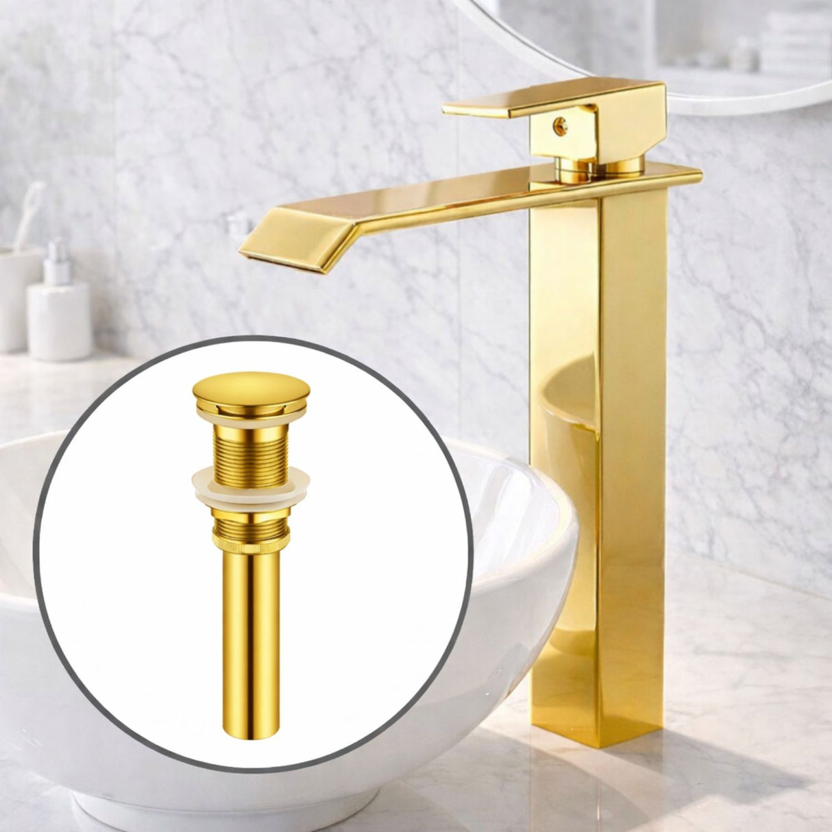 Kit Lavamanos Sobreponer Blanco Canoa 41 x 33 cm con Grifería Alta Milan Oro y Desagüe Push Oro