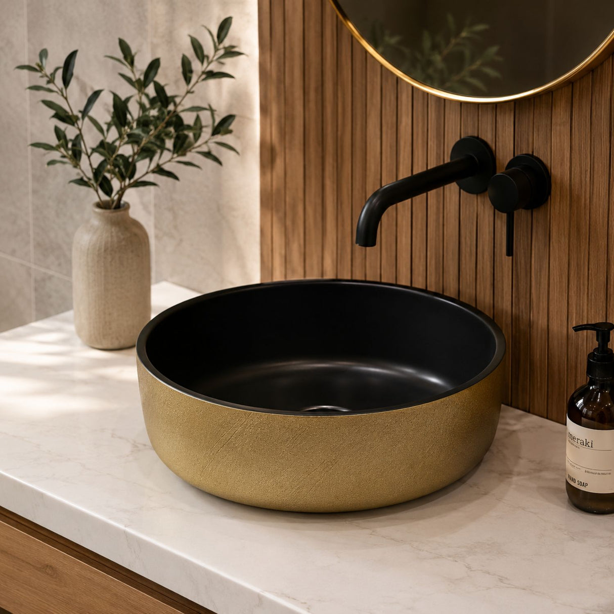 Lavamanos Sobreponer Redondo Negro y Dorado 36 x 36 x 12 cm | Diseño Moderno Premium