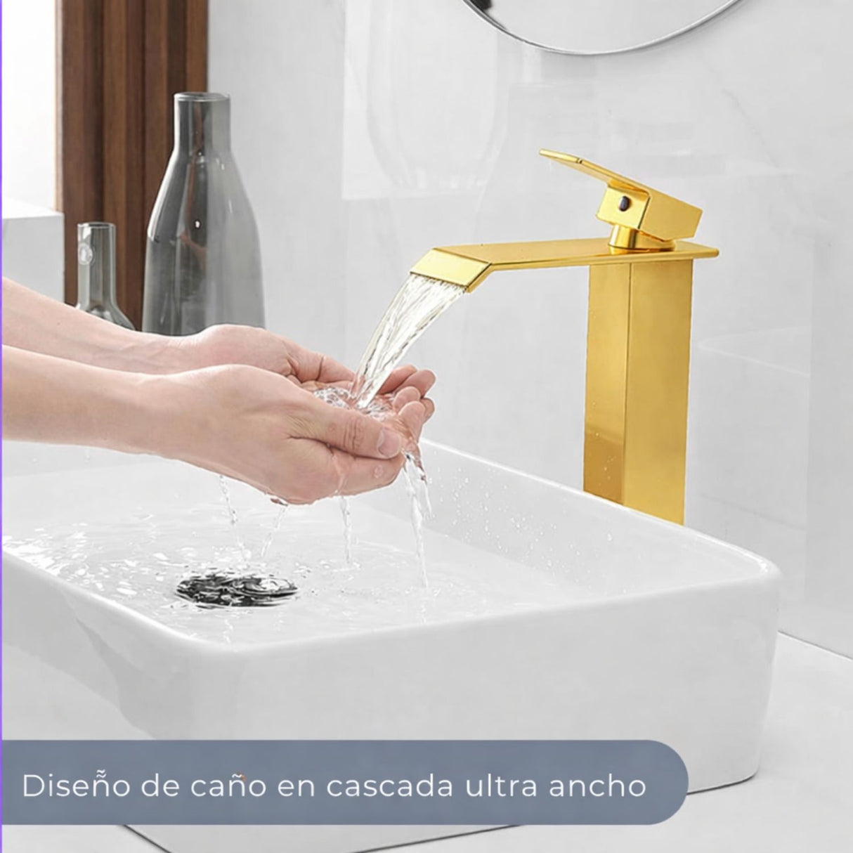 Grifería Lavamanos Alta Cascada Oro Brillante 28 cm de alto