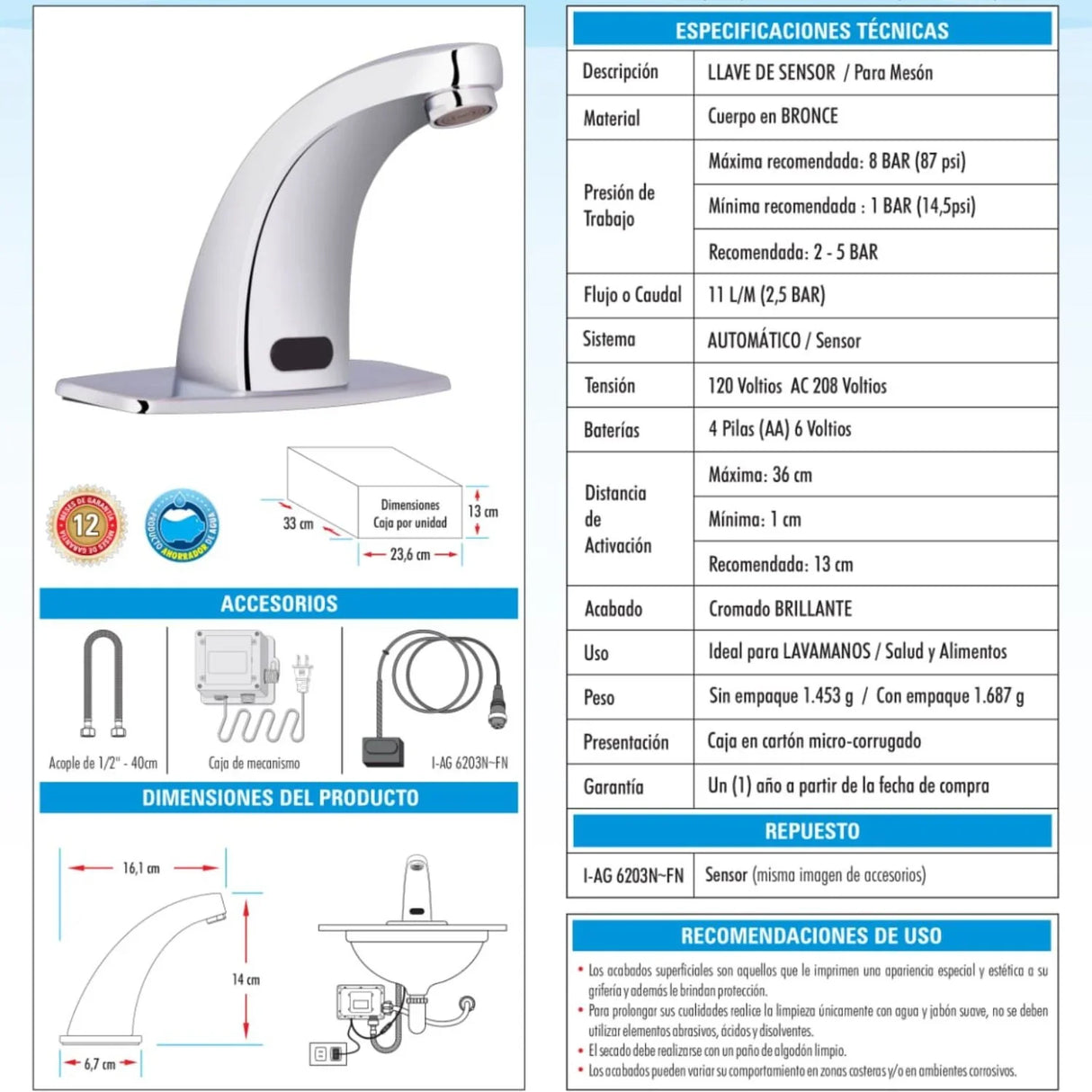 Grifería de Sensor para Mesón Bronce Cromo