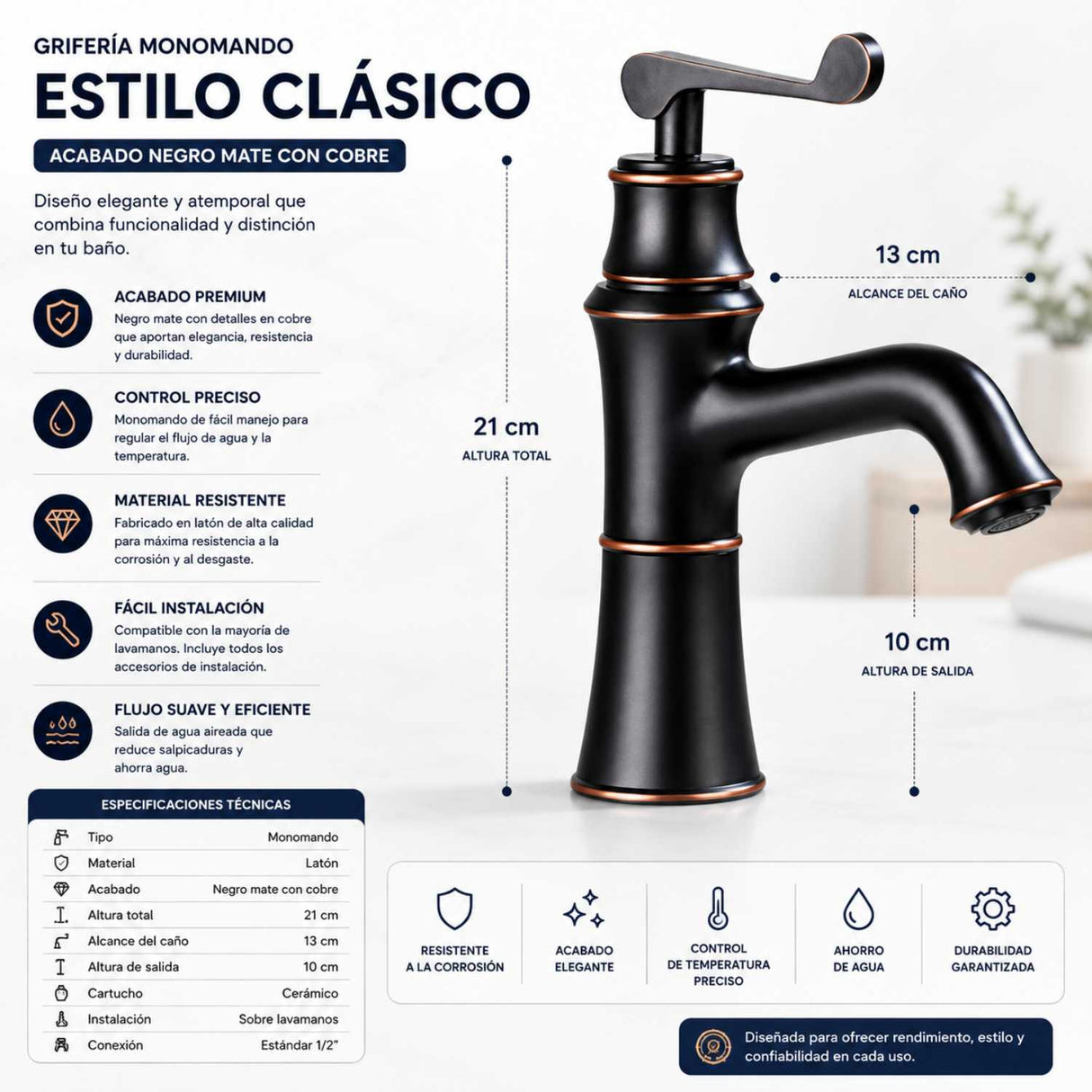 Grifería Lavamanos Bajo Negro Mate Vintage Monocontrol | Llave Moderna para Baño