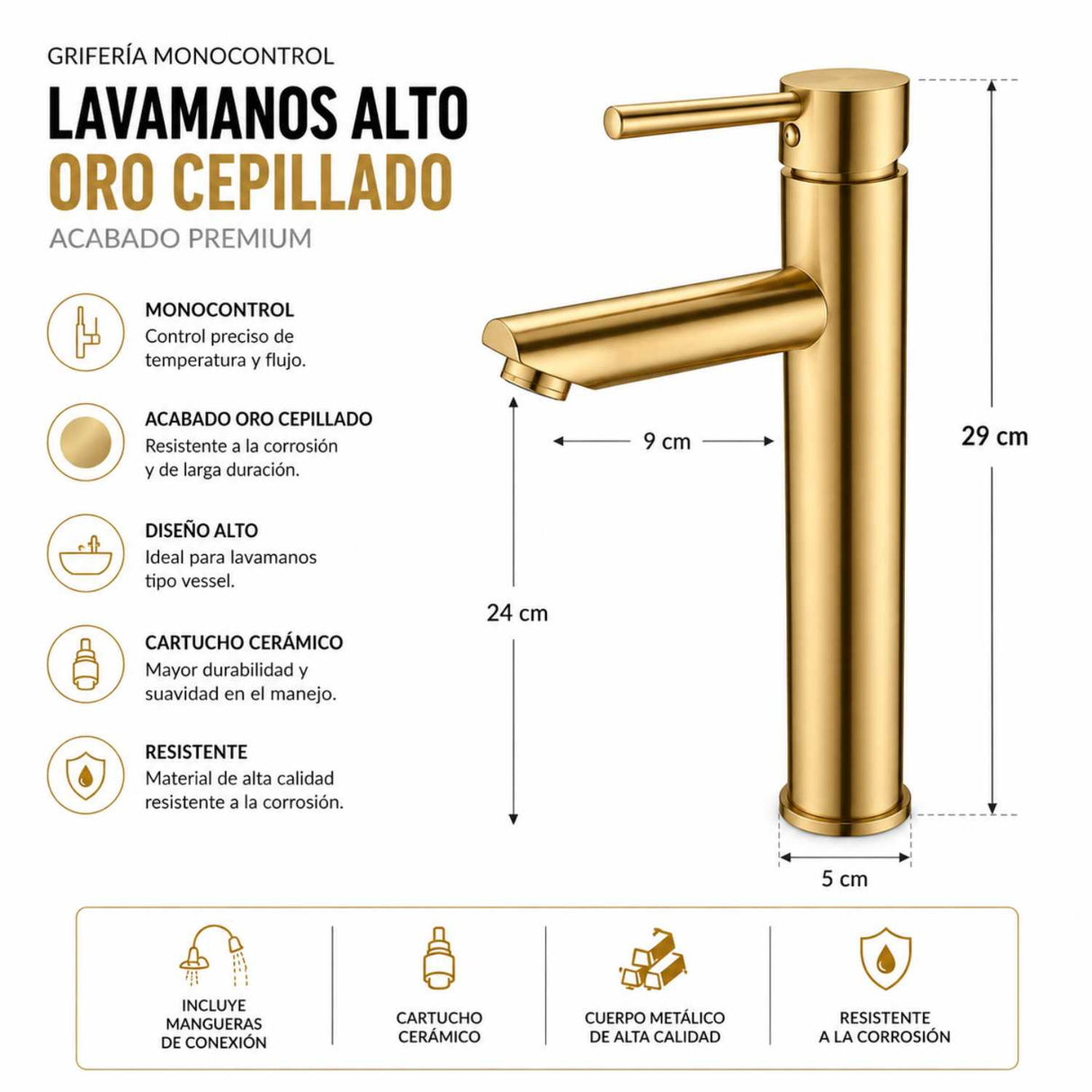 Grifería Lavamanos Alta Monocontrol Oro Cepillado 29 cm Alto Cuello Recto