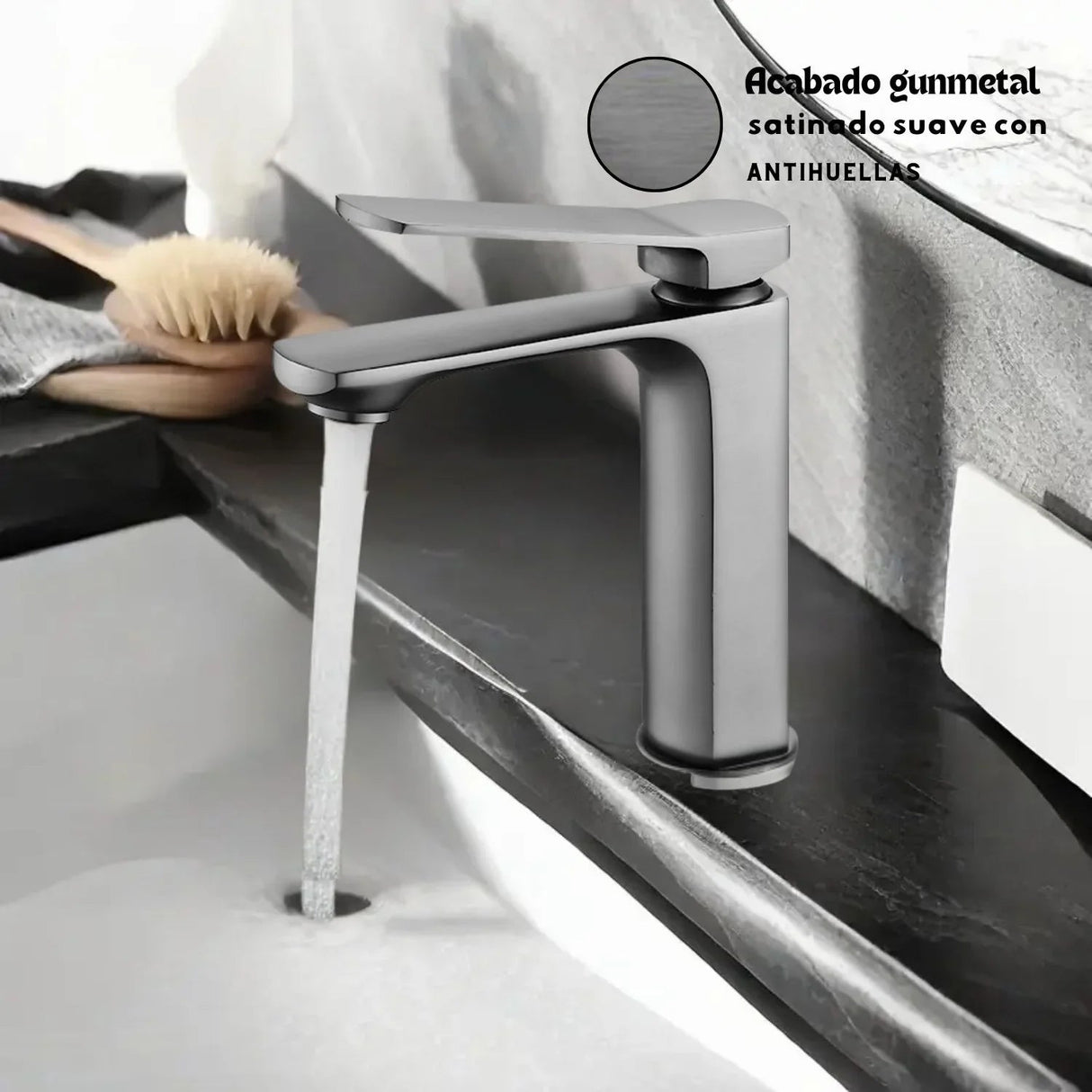 Grifería Kassel gunmetal instalada con lavamanos de sobreponer
