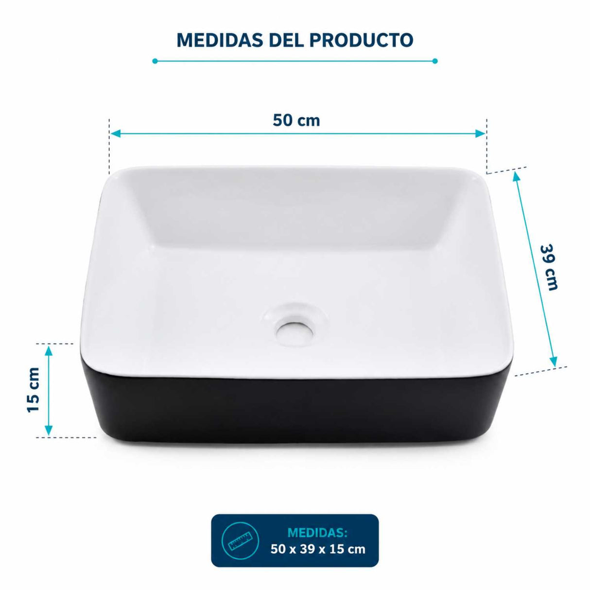 Lavamanos de Sobreponer Blanco Negro Porcelana 50 x 39 x 15 cm Rectangular para Baño