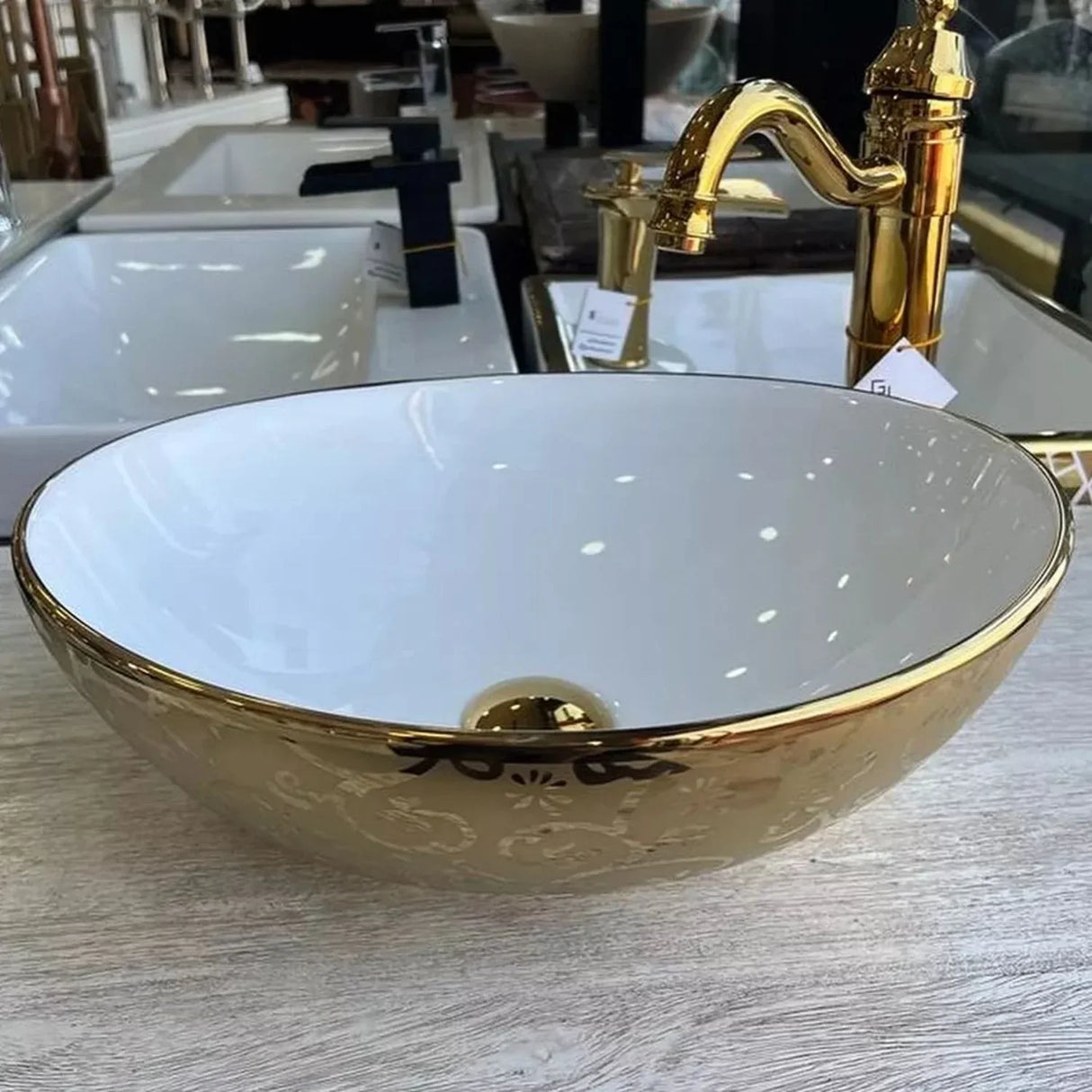 Lavamanos Tipo Canoa Blanco/Dorado Egipcio Sobre Poner Vessel Ovalado