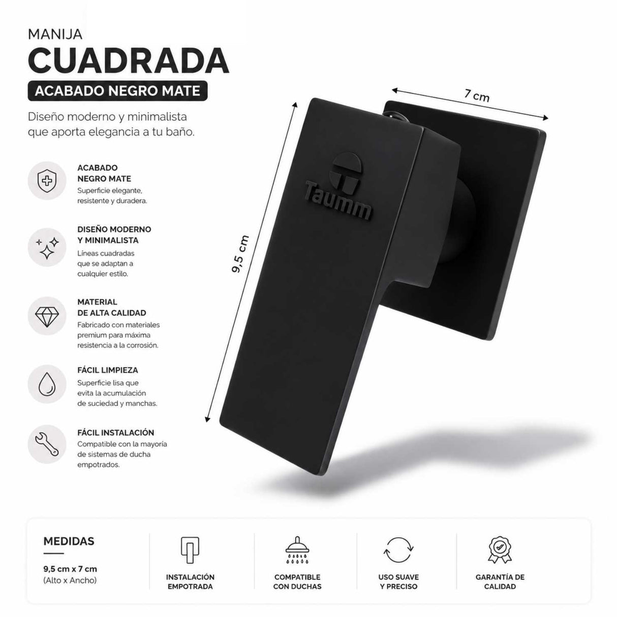 Manija para Ducha Empotrada Negra Mate 9.5 x 7 cm Diseño Cuadrado Moderno