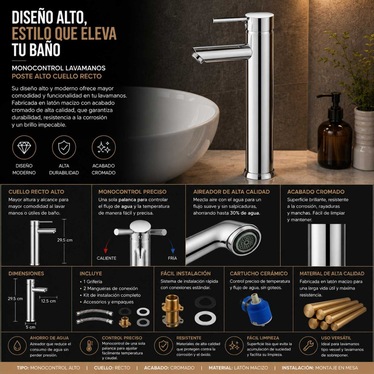 Grifería Monocontrol Lavamanos Alto Cuello Recto Largo | Diseño Moderno para Baño Premium