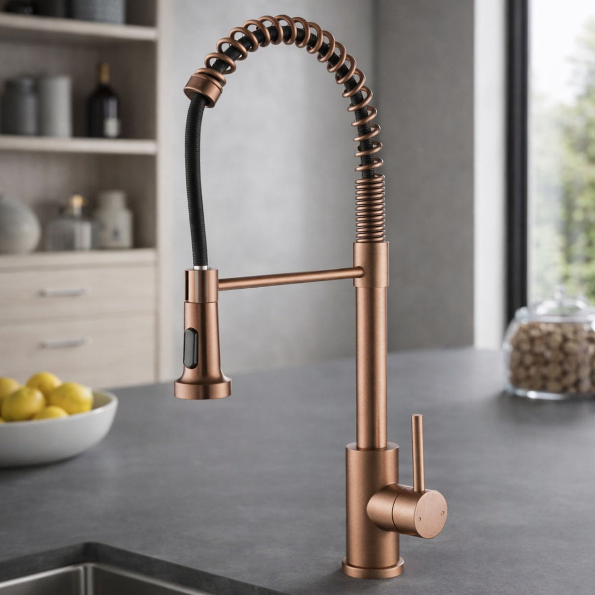 Griferia Monocontrol Piegatto Oro Rosa Texturizado Rociador