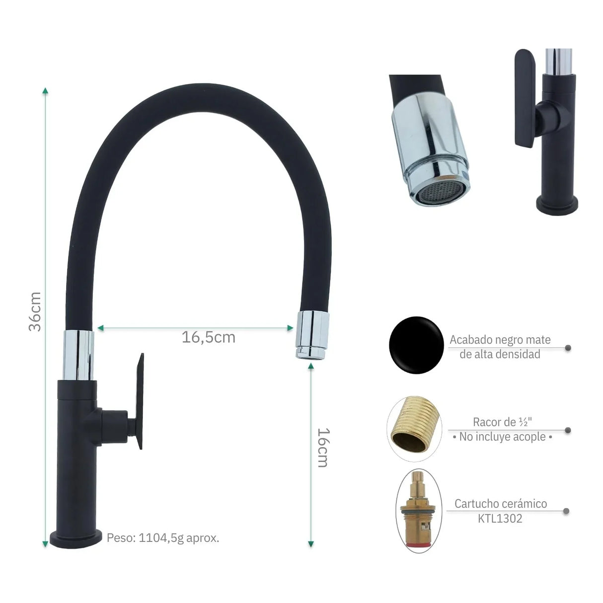 Llave Lavaplatos de Agua Fría con Cuello Flexible Dirigible - Negro Mate y Cromo