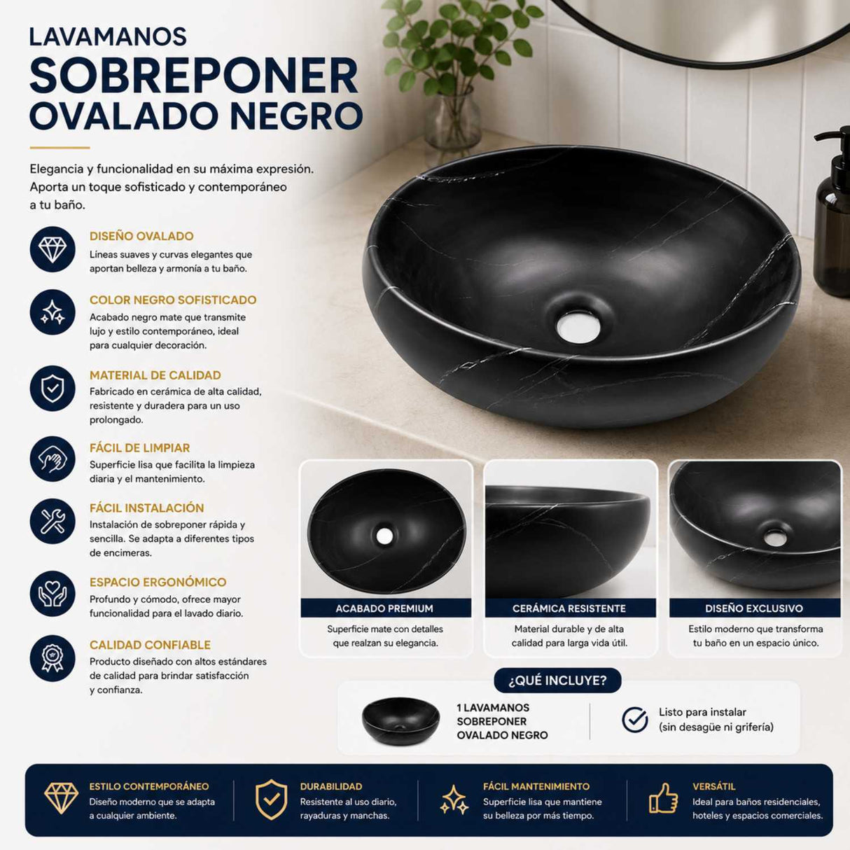 Lavamanos Sobreponer Ovalado Negro 420x300x155mm