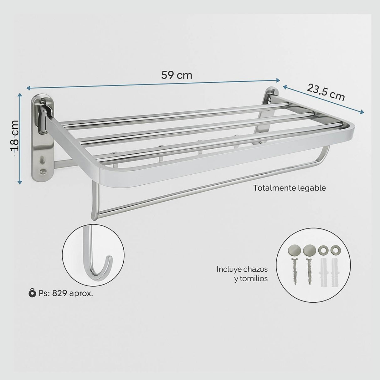 Toallero Hotelero Acero Inoxidable Plegable Ganchos 59Cm