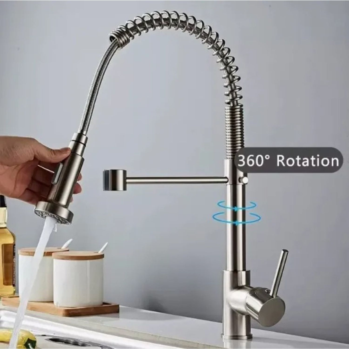 Grifería Lavaplatos Extraíble Flexible En Níquel Cepillado Con Doble Función Y Giro 360°