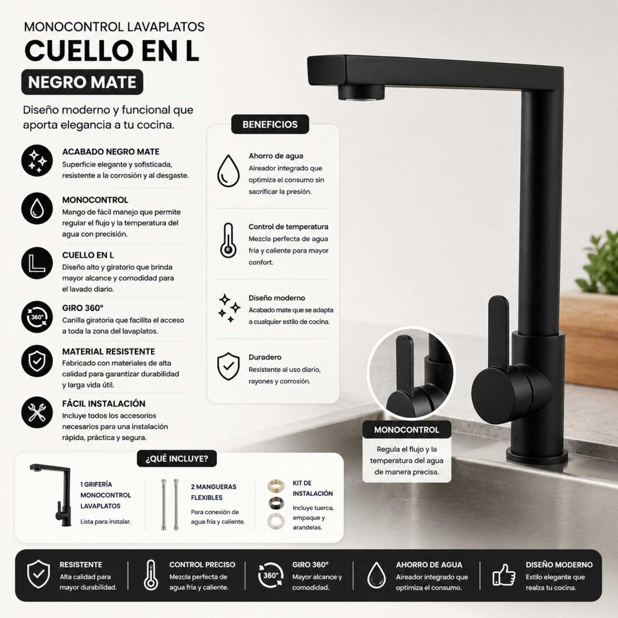 Grifería Lavaplatos Cuello en L Acero Inoxidable Monocontrol 35 cm