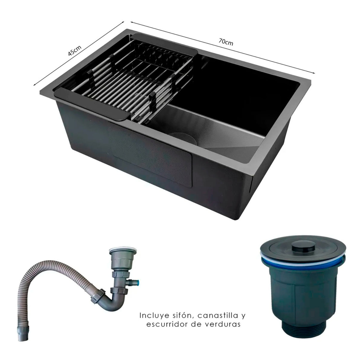 Combo Lavaplatos 70*45cm+griferia Lvp Negra Pala+ Accesorios