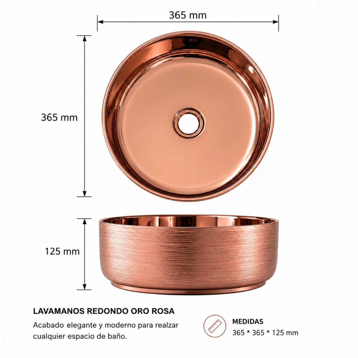 Lavamanos Redondo Oro Rosa de Sobreponer 36,5 × 36,5 × 12,5 cm