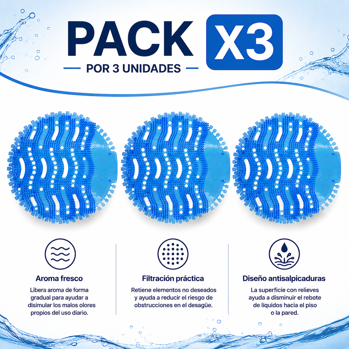 Pack x3 Pantallas Desodorantes y Filtros Antisalpicaduras para Orinal Azul 17 x 17 cm