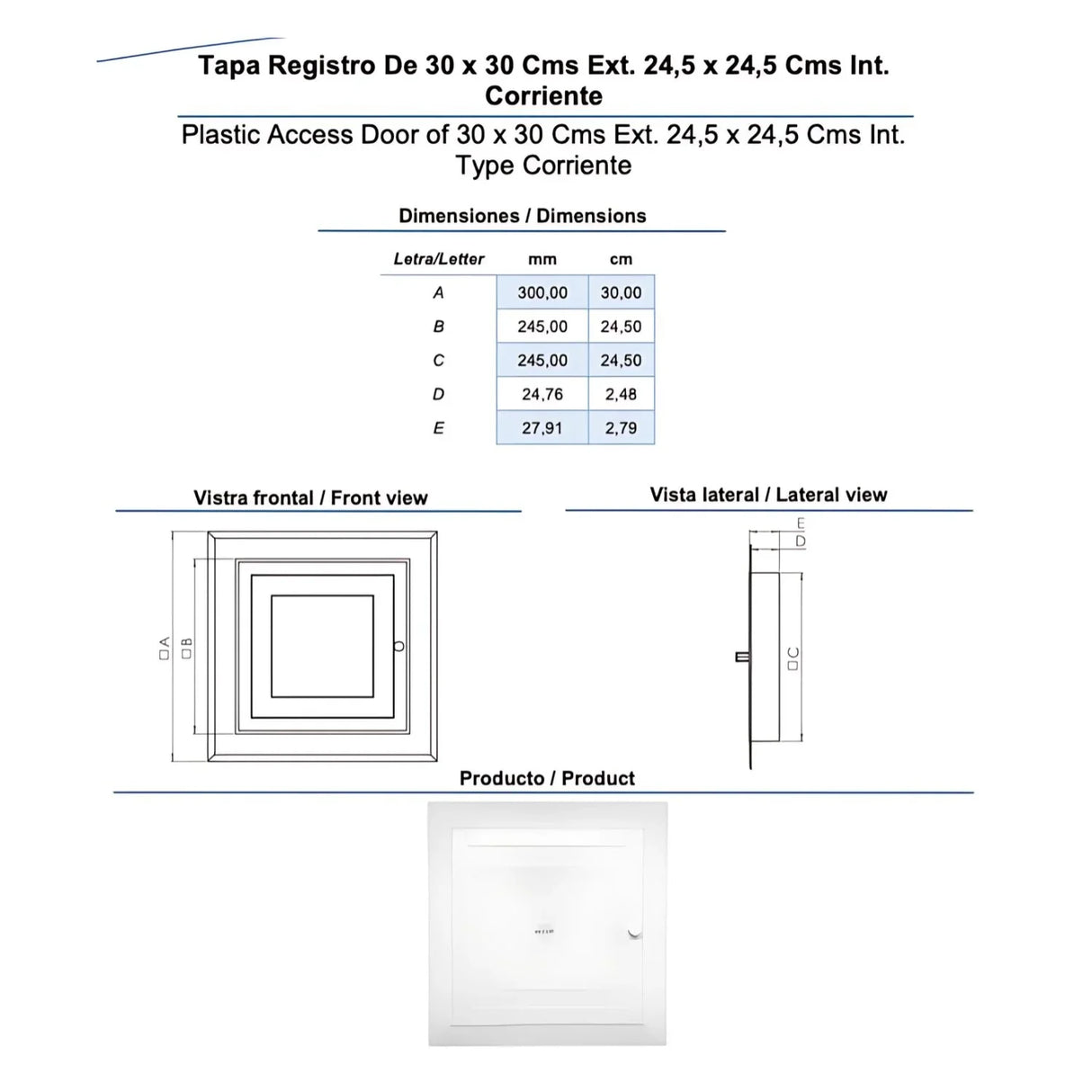 Tapa Registro 30x30 Cm ABS Blanco